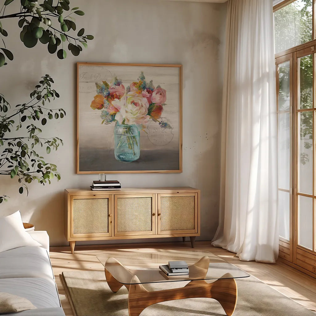 French Cottage Bouquet II by Danhui Nai. Shown in a natural wood frame in a cozy modern living room. Available as an archival giclee rolled canvas, fine art paper, or poster print. SKU 17851a.