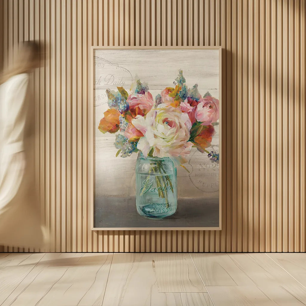 French Cottage Bouquet II Crop by Danhui Nai. shown as over sized large wall art. Available as an archival giclee rolled canvas, fine art paper, or poster print. SKU 17851h.