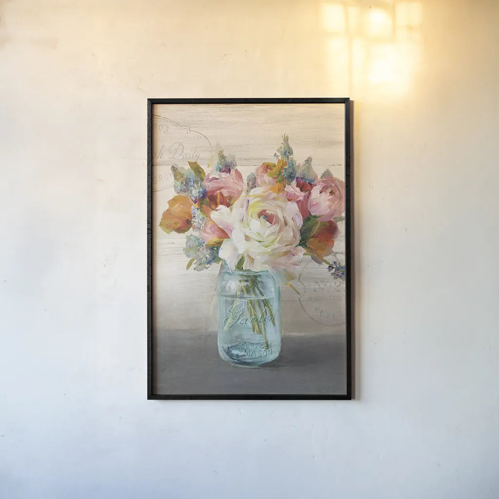 French Cottage Bouquet II Crop by Danhui Nai. shown as a paper print in a black flame. Available as a archival giclee rolled canvas, fine art paper, or poster print. SKU 17851h.