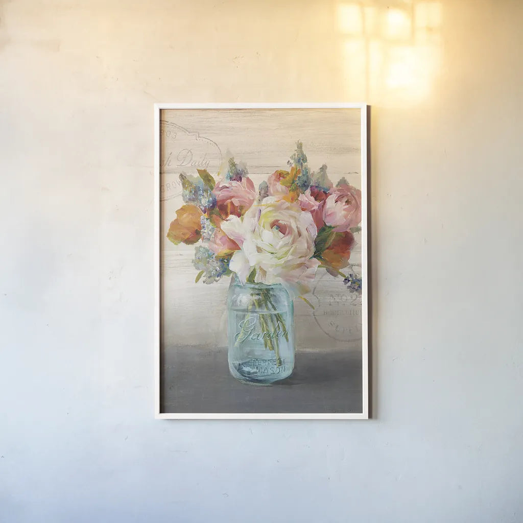French Cottage Bouquet II Crop by Danhui Nai. shown as a paper print in a white frame. Available as a archival giclee rolled canvas, fine art paper, or poster print. SKU 17851h.
