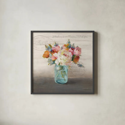 French Cottage Bouquet II Mothers by Danhui Nai. Shown in a sleek black glass frame for a contemporary gallery look. Available as an archival giclee rolled canvas, fine art paper, or poster print. SKU 41686a.