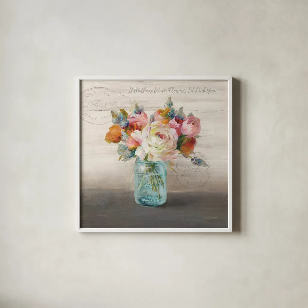 French Cottage Bouquet II Mothers by Danhui Nai. Shown in a crisp white glass frame for a clean and minimalist style. Available as an archival giclee rolled canvas, fine art paper, or poster print. SKU 41686a.
