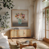 French Cottage Bouquet II Mothers by Danhui Nai. Shown in a natural wood frame in a cozy modern living room. Available as an archival giclee rolled canvas, fine art paper, or poster print. SKU 41686a.