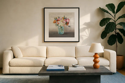 French Cottage Bouquet II Mothers by Danhui Nai. Displayed in a glass frame with matte in a clean modern living room. Available as an archival giclee rolled canvas, fine art paper, or poster print. SKU 41686a.
