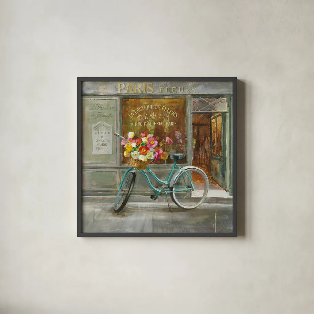 French Flowershop by Danhui Nai. Shown in a sleek black glass frame for a contemporary gallery look. Available as an archival giclee rolled canvas, fine art paper, or poster print. SKU 25906a.