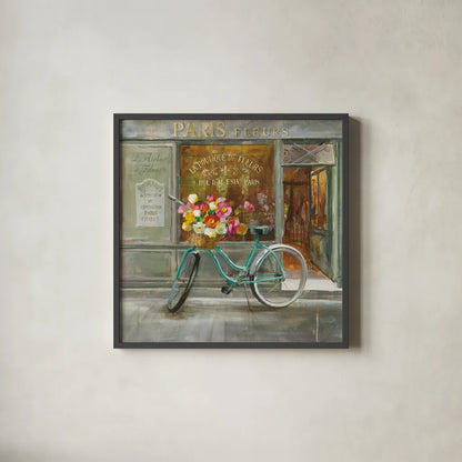 French Flowershop by Danhui Nai. Shown in a sleek black glass frame for a contemporary gallery look. Available as an archival giclee rolled canvas, fine art paper, or poster print. SKU 25906a.