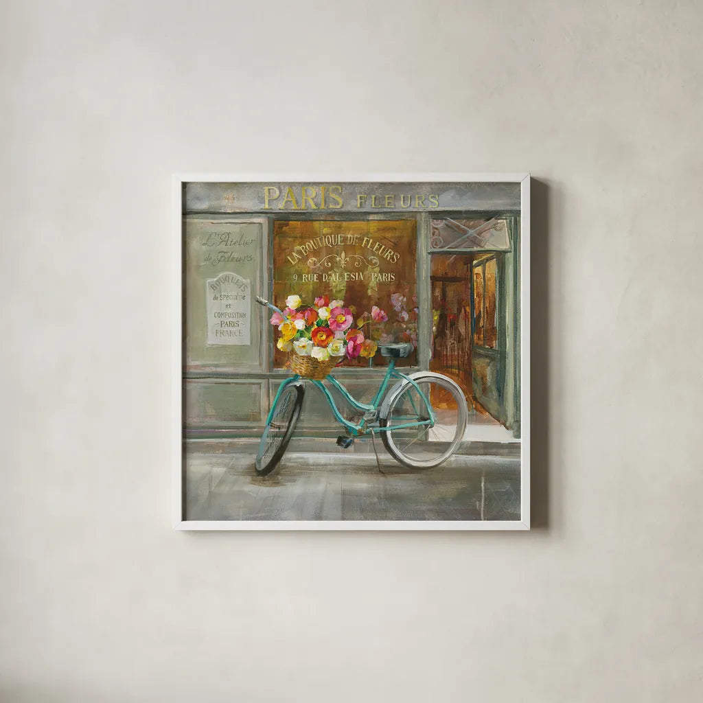 French Flowershop by Danhui Nai. Shown in a crisp white glass frame for a clean and minimalist style. Available as an archival giclee rolled canvas, fine art paper, or poster print. SKU 25906a.