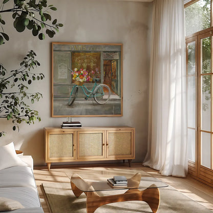 French Flowershop by Danhui Nai. Shown in a natural wood frame in a cozy modern living room. Available as an archival giclee rolled canvas, fine art paper, or poster print. SKU 25906a.