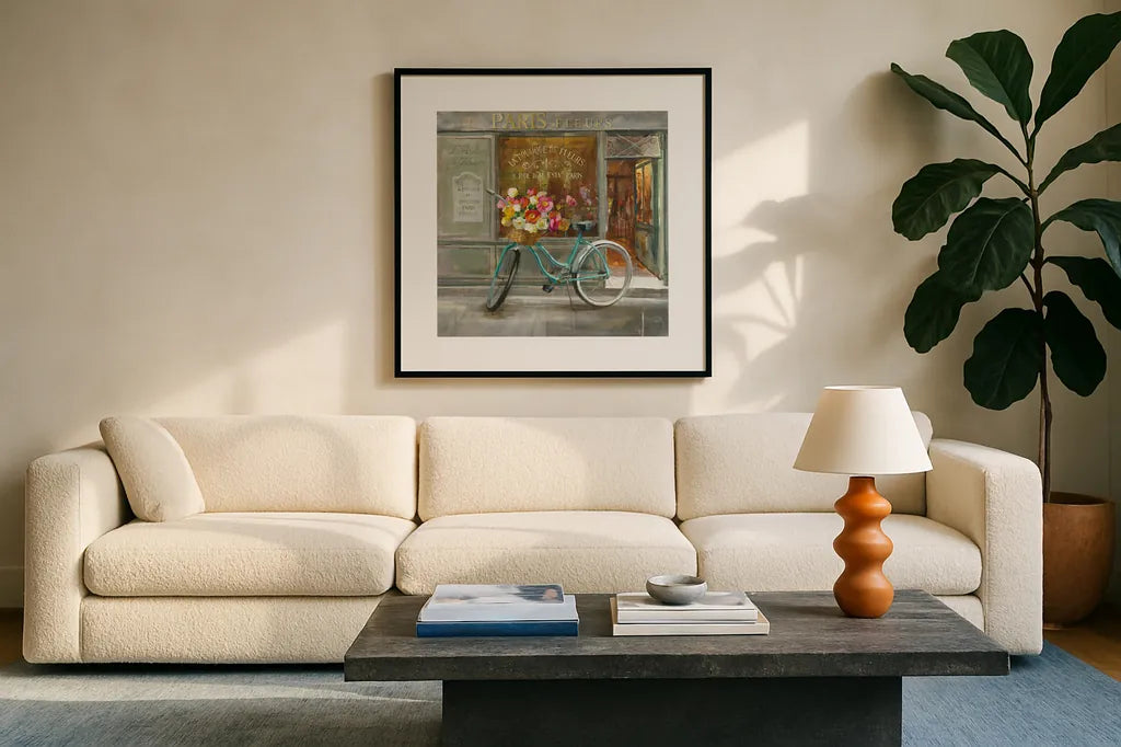 French Flowershop by Danhui Nai. Displayed in a glass frame with matte in a clean modern living room. Available as an archival giclee rolled canvas, fine art paper, or poster print. SKU 25906a.