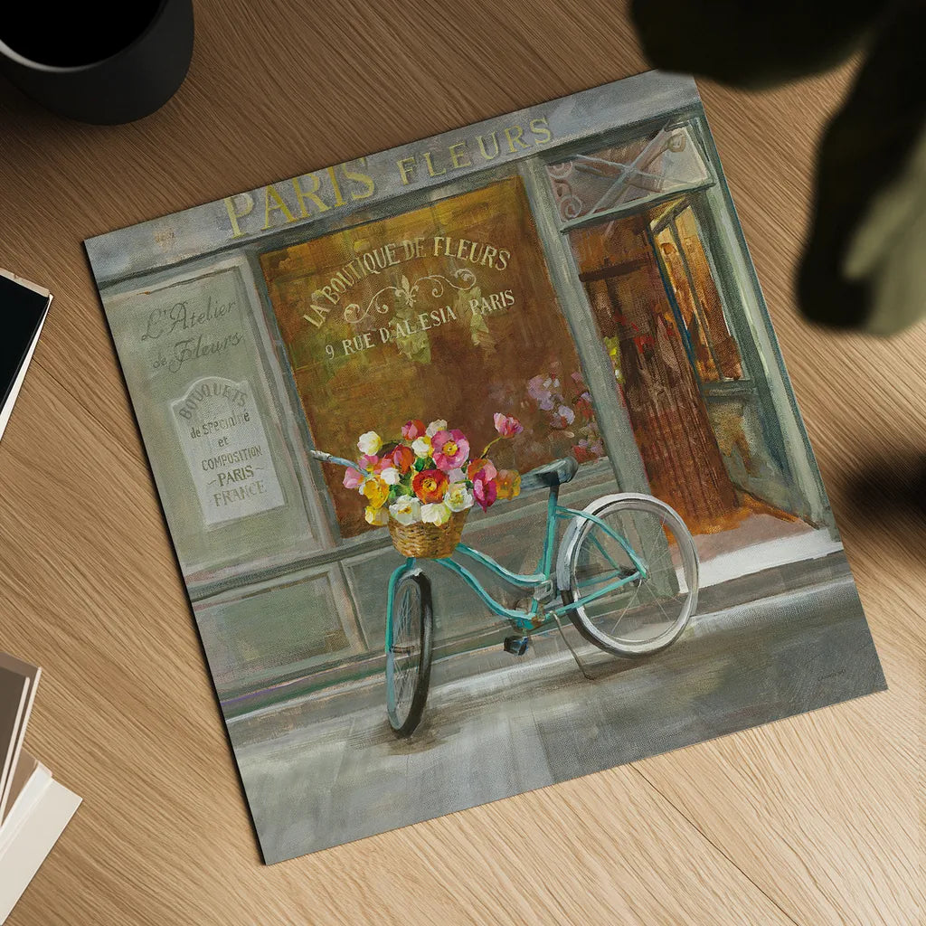 French Flowershop v2 by Danhui Nai. Shown as a detailed flat fine art print, highlighting archival giclee quality. Available as an archival giclee rolled canvas, fine art paper, or poster print. SKU 26355a.