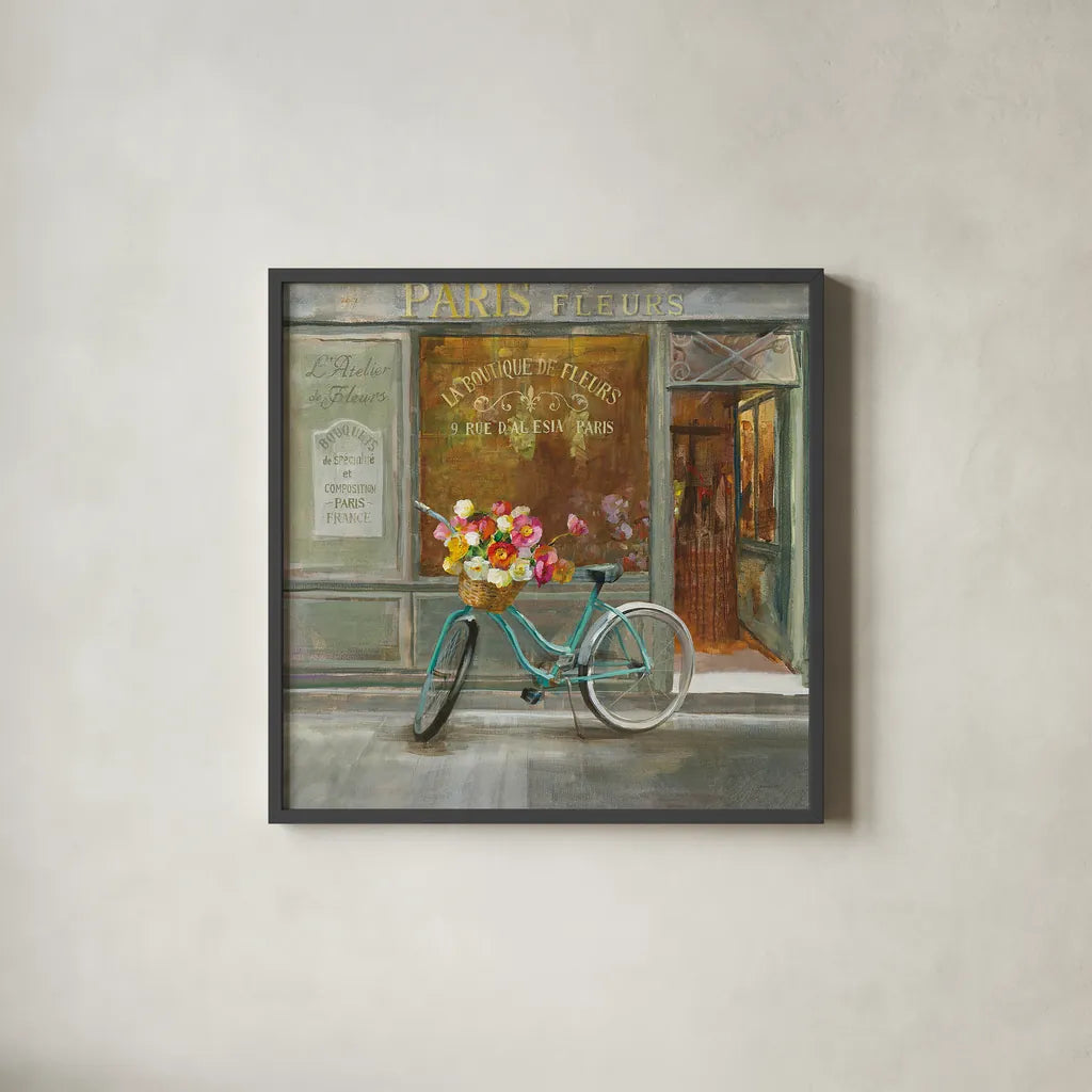 French Flowershop v2 by Danhui Nai. Shown in a sleek black glass frame for a contemporary gallery look. Available as an archival giclee rolled canvas, fine art paper, or poster print. SKU 26355a.
