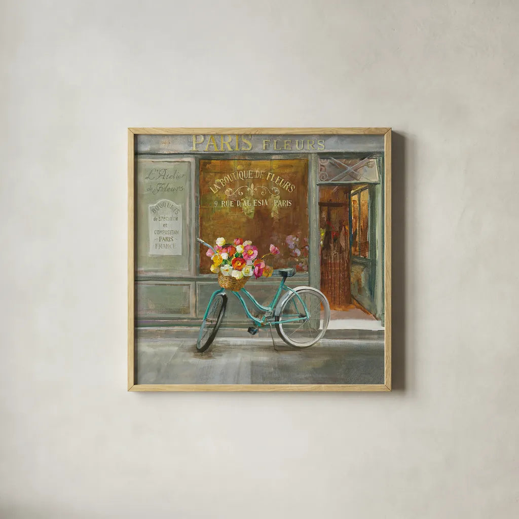 French Flowershop v2 by Danhui Nai. Shown in a natural wood glass frame for a timeless modern aesthetic. Available as an archival giclee rolled canvas, fine art paper, or poster print. SKU 26355a.
