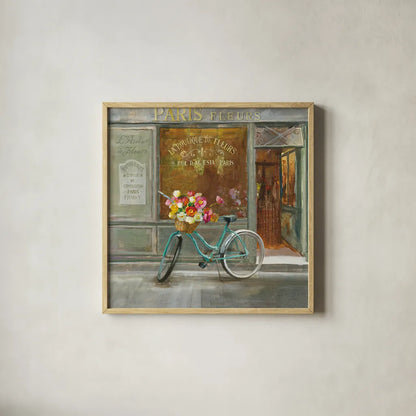French Flowershop v2 by Danhui Nai. Shown in a natural wood glass frame for a timeless modern aesthetic. Available as an archival giclee rolled canvas, fine art paper, or poster print. SKU 26355a.