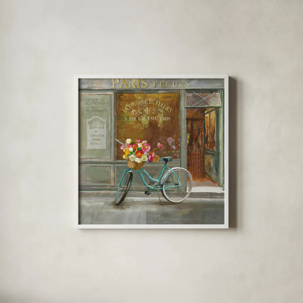 French Flowershop v2 by Danhui Nai. Shown in a crisp white glass frame for a clean and minimalist style. Available as an archival giclee rolled canvas, fine art paper, or poster print. SKU 26355a.
