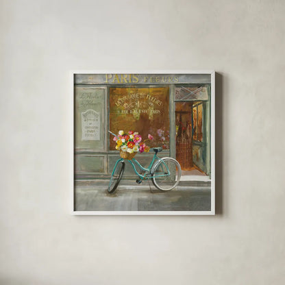 French Flowershop v2 by Danhui Nai. Shown in a crisp white glass frame for a clean and minimalist style. Available as an archival giclee rolled canvas, fine art paper, or poster print. SKU 26355a.