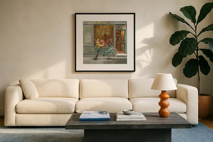 French Flowershop v2 by Danhui Nai. Displayed in a glass frame with matte in a clean modern living room. Available as an archival giclee rolled canvas, fine art paper, or poster print. SKU 26355a.