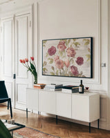 French Roses I by Danhui Nai. shown as a framed stretched canvas in a living room above a console. Available as a archival giclee rolled canvas, fine art paper, or poster print. SKU 46484i.