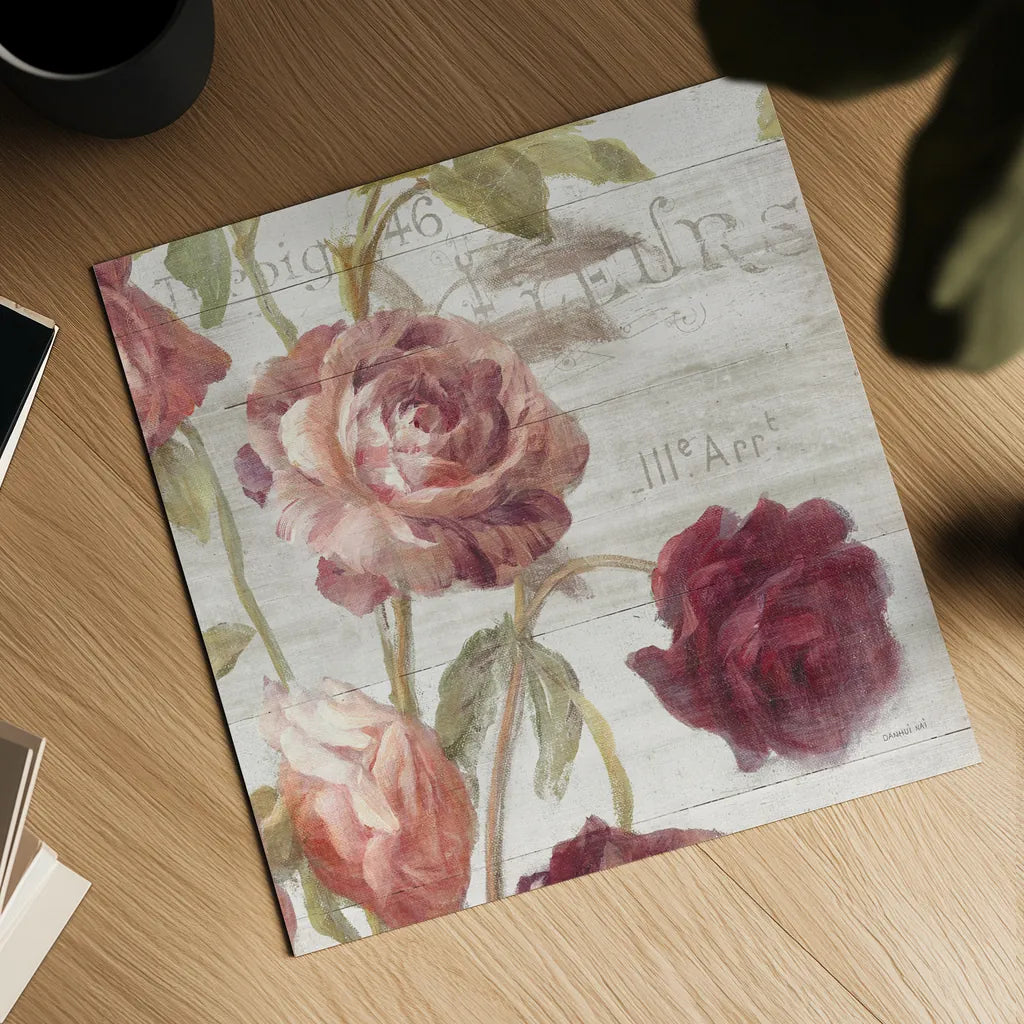 French Roses IV by Danhui Nai. Shown as a detailed flat fine art print, highlighting archival giclee quality. Available as an archival giclee rolled canvas, fine art paper, or poster print. SKU 46487a.