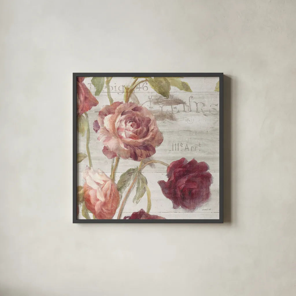 French Roses IV by Danhui Nai. Shown in a sleek black glass frame for a contemporary gallery look. Available as an archival giclee rolled canvas, fine art paper, or poster print. SKU 46487a.