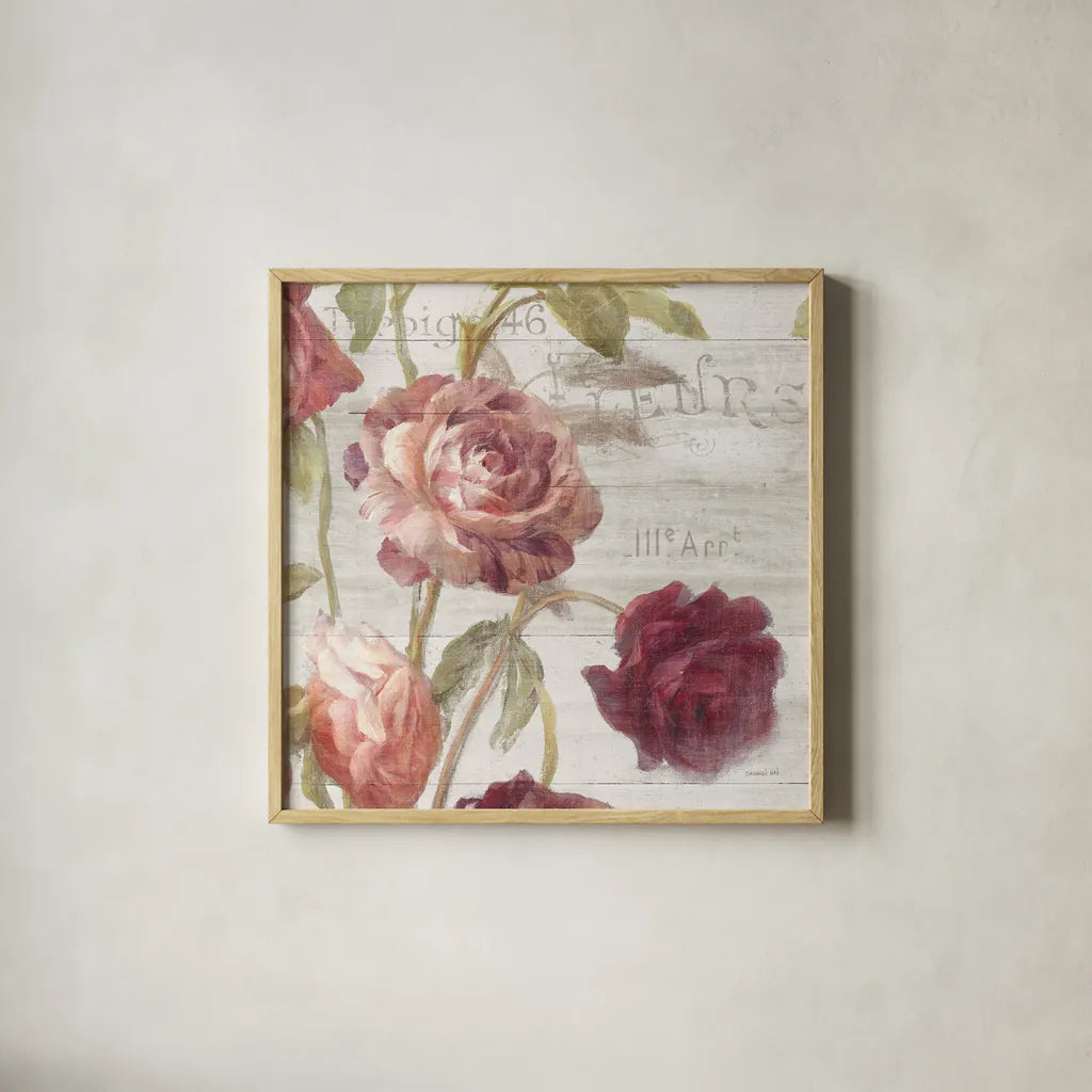 French Roses IV by Danhui Nai. Shown in a natural wood glass frame for a timeless modern aesthetic. Available as an archival giclee rolled canvas, fine art paper, or poster print. SKU 46487a.
