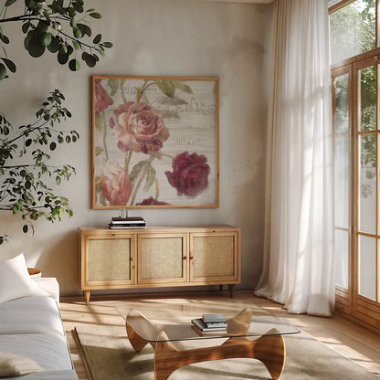 French Roses IV by Danhui Nai. Shown in a natural wood frame in a cozy modern living room. Available as an archival giclee rolled canvas, fine art paper, or poster print. SKU 46487a.