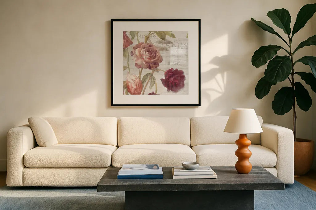 French Roses IV by Danhui Nai. Displayed in a glass frame with matte in a clean modern living room. Available as an archival giclee rolled canvas, fine art paper, or poster print. SKU 46487a.
