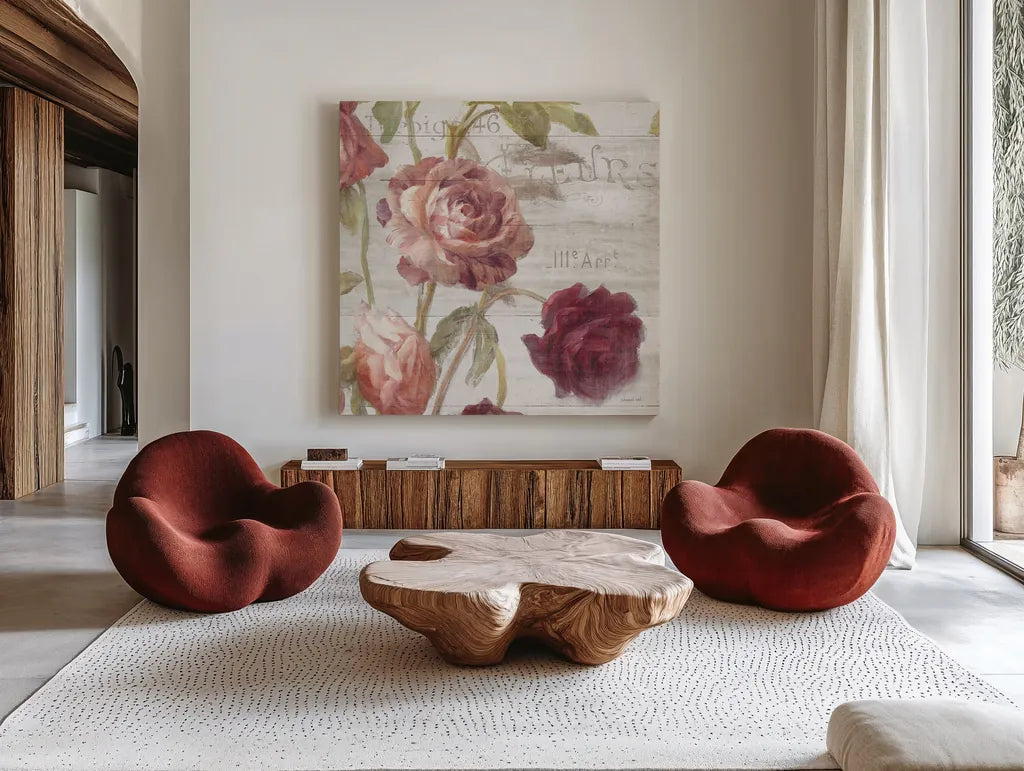 French Roses IV by Danhui Nai. Shown as extra-large giant wall art in a modern living room. Available as an archival giclee rolled canvas, fine art paper, or poster print. SKU 46487a.
