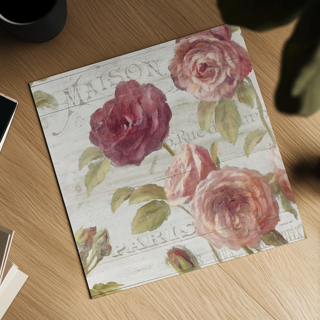 French Roses V by Danhui Nai. Shown as a detailed flat fine art print, highlighting archival giclee quality. Available as an archival giclee rolled canvas, fine art paper, or poster print. SKU 46488a.