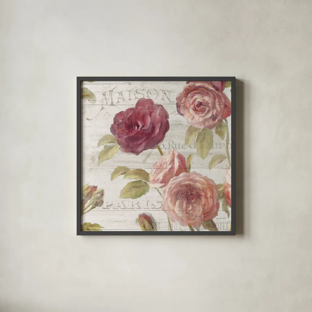 French Roses V by Danhui Nai. Shown in a sleek black glass frame for a contemporary gallery look. Available as an archival giclee rolled canvas, fine art paper, or poster print. SKU 46488a.