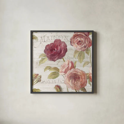 French Roses V by Danhui Nai. Shown in a sleek black glass frame for a contemporary gallery look. Available as an archival giclee rolled canvas, fine art paper, or poster print. SKU 46488a.