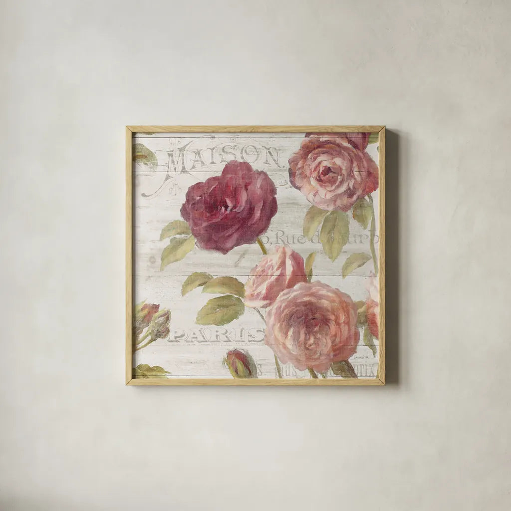 French Roses V by Danhui Nai. Shown in a natural wood glass frame for a timeless modern aesthetic. Available as an archival giclee rolled canvas, fine art paper, or poster print. SKU 46488a.