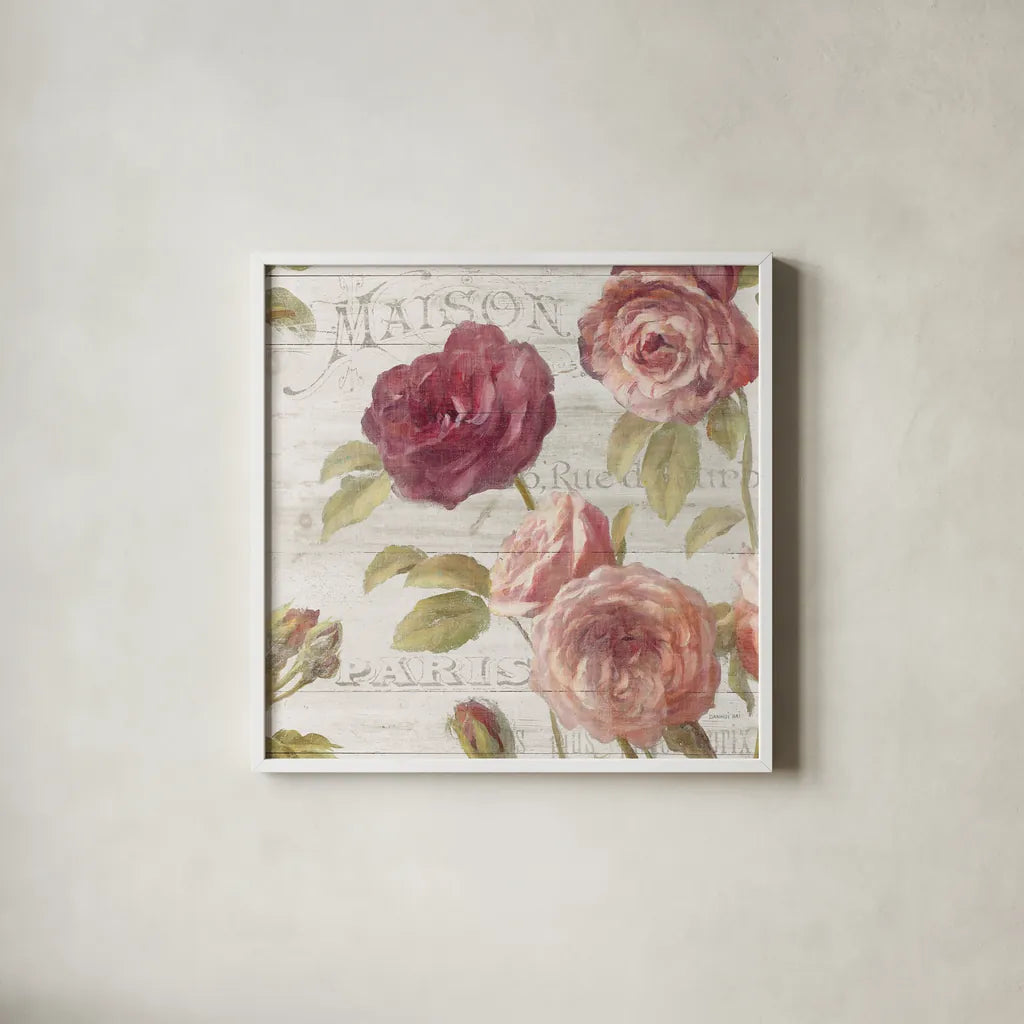French Roses V by Danhui Nai. Shown in a crisp white glass frame for a clean and minimalist style. Available as an archival giclee rolled canvas, fine art paper, or poster print. SKU 46488a.