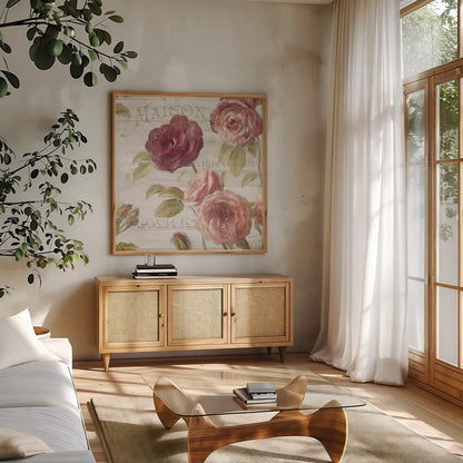 French Roses V by Danhui Nai. Shown in a natural wood frame in a cozy modern living room. Available as an archival giclee rolled canvas, fine art paper, or poster print. SKU 46488a.