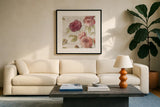 French Roses V by Danhui Nai. Displayed in a glass frame with matte in a clean modern living room. Available as an archival giclee rolled canvas, fine art paper, or poster print. SKU 46488a.