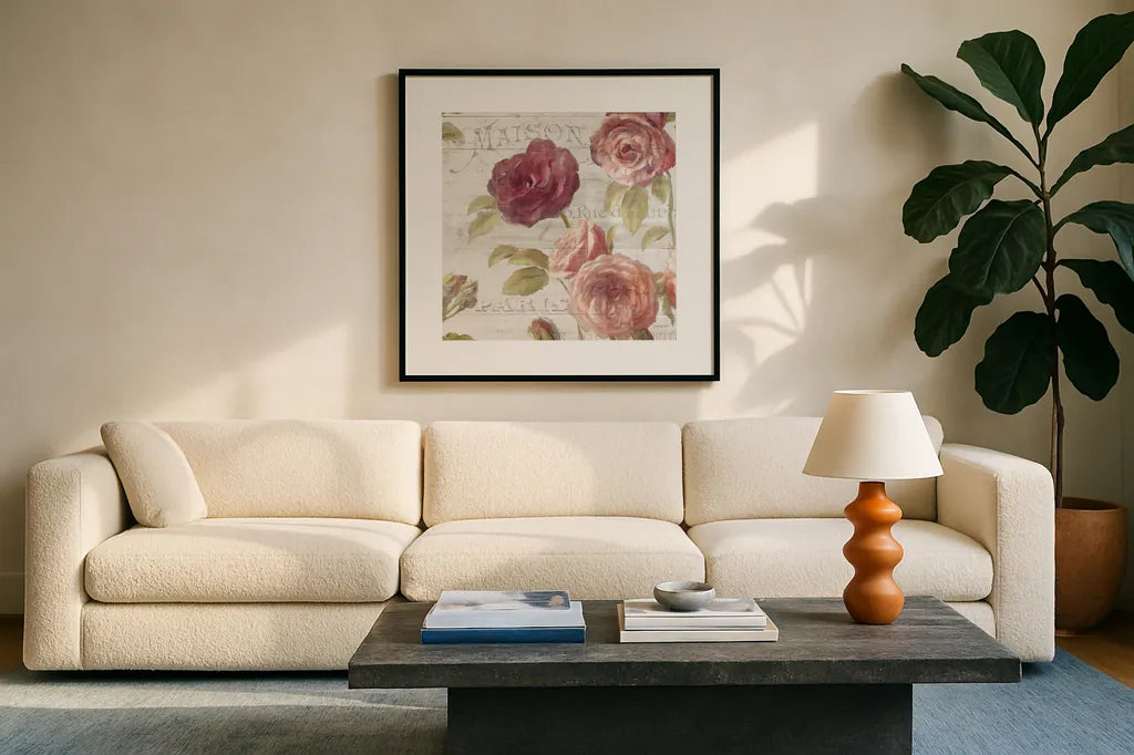 French Roses V by Danhui Nai. Displayed in a glass frame with matte in a clean modern living room. Available as an archival giclee rolled canvas, fine art paper, or poster print. SKU 46488a.