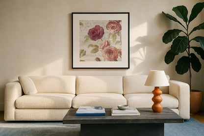 French Roses V by Danhui Nai. Displayed in a glass frame with matte in a clean modern living room. Available as an archival giclee rolled canvas, fine art paper, or poster print. SKU 46488a.
