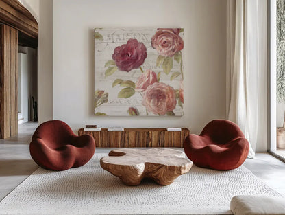 French Roses V by Danhui Nai. Shown as extra-large giant wall art in a modern living room. Available as an archival giclee rolled canvas, fine art paper, or poster print. SKU 46488a.