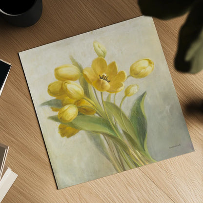 French Yellow Tulips No Butterfly by Danhui Nai. Shown as a detailed flat fine art print, highlighting archival giclee quality. Available as an archival giclee rolled canvas, fine art paper, or poster print. SKU 88147a.