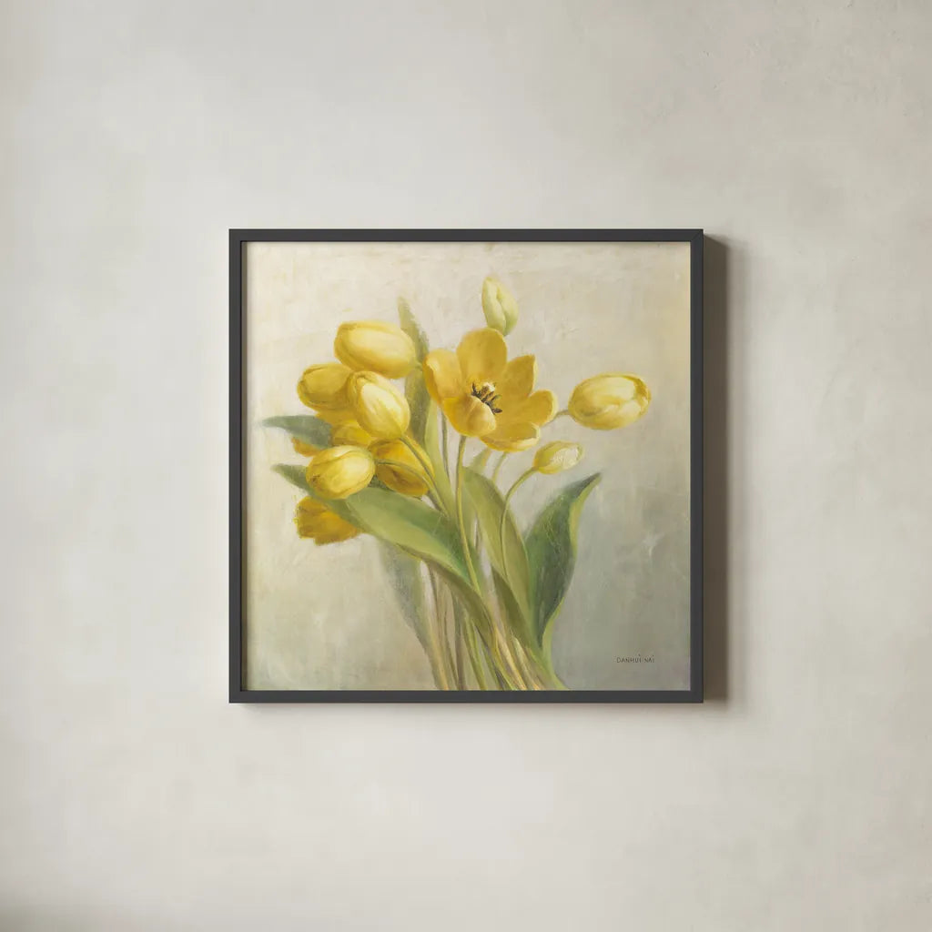 French Yellow Tulips No Butterfly by Danhui Nai. Shown in a sleek black glass frame for a contemporary gallery look. Available as an archival giclee rolled canvas, fine art paper, or poster print. SKU 88147a.