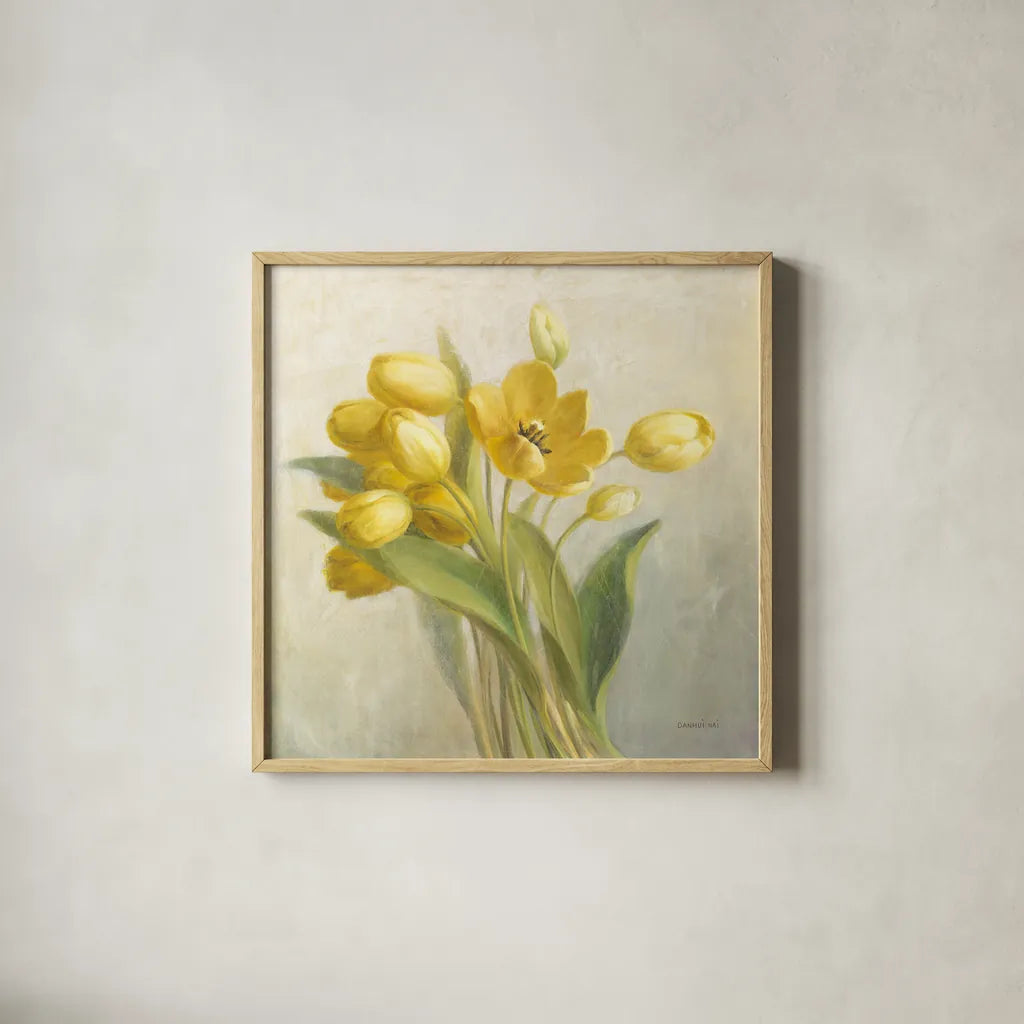 French Yellow Tulips No Butterfly by Danhui Nai. Shown in a natural wood glass frame for a timeless modern aesthetic. Available as an archival giclee rolled canvas, fine art paper, or poster print. SKU 88147a.