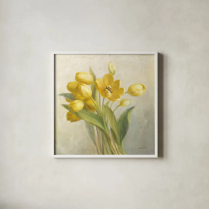 French Yellow Tulips No Butterfly by Danhui Nai. Shown in a crisp white glass frame for a clean and minimalist style. Available as an archival giclee rolled canvas, fine art paper, or poster print. SKU 88147a.