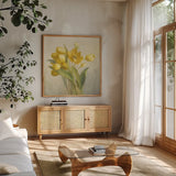 French Yellow Tulips No Butterfly by Danhui Nai. Shown in a natural wood frame in a cozy modern living room. Available as an archival giclee rolled canvas, fine art paper, or poster print. SKU 88147a.
