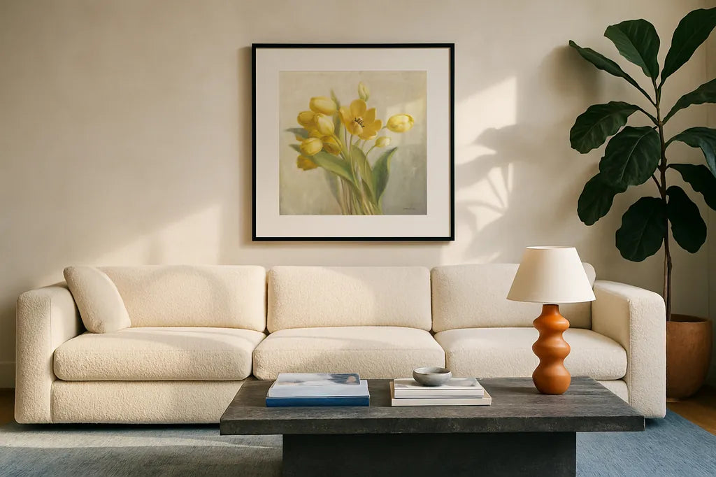 French Yellow Tulips No Butterfly by Danhui Nai. Displayed in a glass frame with matte in a clean modern living room. Available as an archival giclee rolled canvas, fine art paper, or poster print. SKU 88147a.