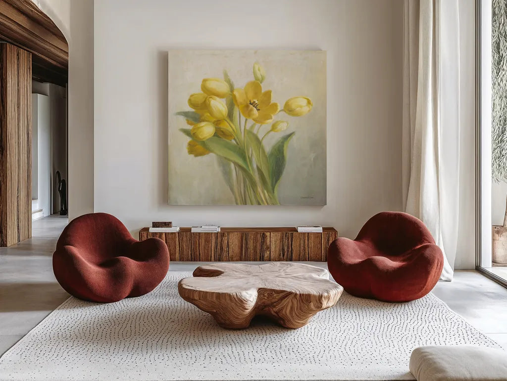 French Yellow Tulips No Butterfly by Danhui Nai. Shown as extra-large giant wall art in a modern living room. Available as an archival giclee rolled canvas, fine art paper, or poster print. SKU 88147a.