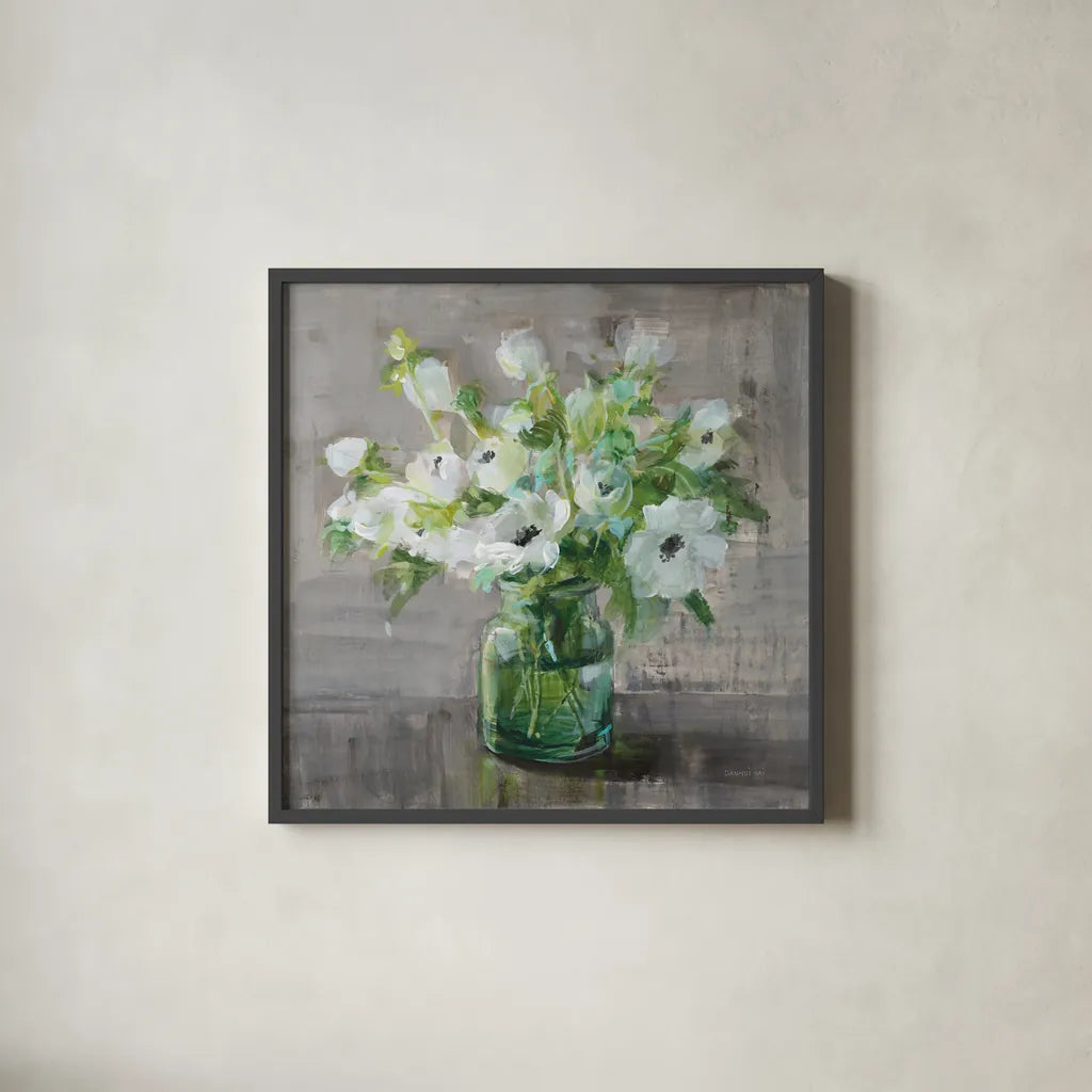 Fresh Anemones by Danhui Nai. Shown in a sleek black glass frame for a contemporary gallery look. Available as an archival giclee rolled canvas, fine art paper, or poster print. SKU 81914a.