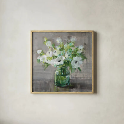 Fresh Anemones by Danhui Nai. Shown in a natural wood glass frame for a timeless modern aesthetic. Available as an archival giclee rolled canvas, fine art paper, or poster print. SKU 81914a.