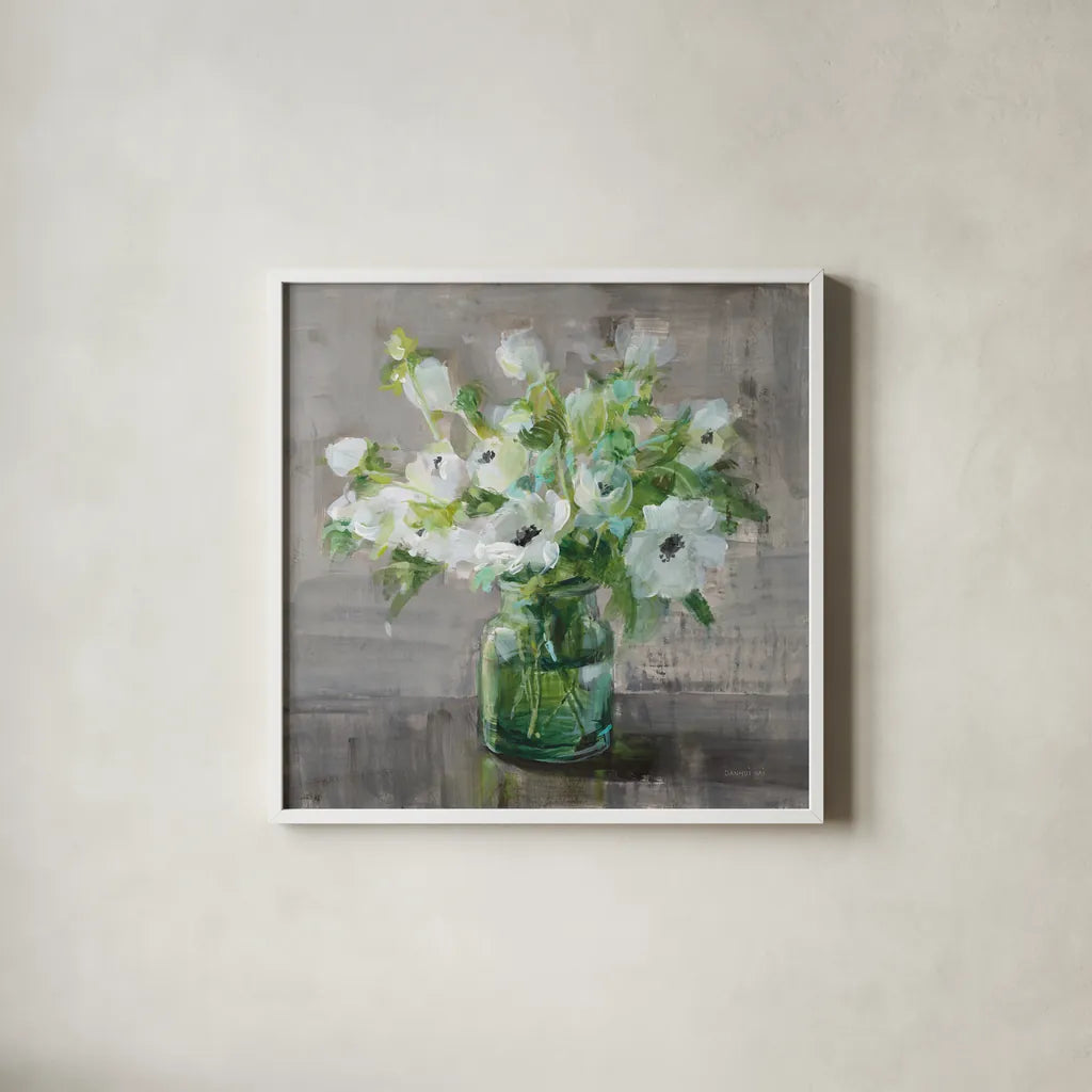 Fresh Anemones by Danhui Nai. Shown in a crisp white glass frame for a clean and minimalist style. Available as an archival giclee rolled canvas, fine art paper, or poster print. SKU 81914a.