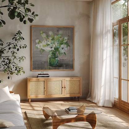 Fresh Anemones by Danhui Nai. Shown in a natural wood frame in a cozy modern living room. Available as an archival giclee rolled canvas, fine art paper, or poster print. SKU 81914a.