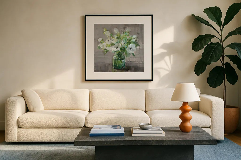 Fresh Anemones by Danhui Nai. Displayed in a glass frame with matte in a clean modern living room. Available as an archival giclee rolled canvas, fine art paper, or poster print. SKU 81914a.