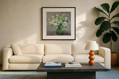 Fresh Anemones by Danhui Nai. Displayed in a glass frame with matte in a clean modern living room. Available as an archival giclee rolled canvas, fine art paper, or poster print. SKU 81914a.